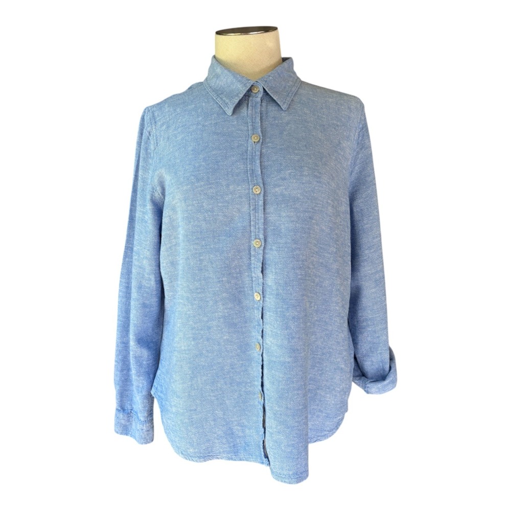 Orvis Women's L Linen Blend Shirt Blue Chambray Roll Tab Sleeves Coastal Boho